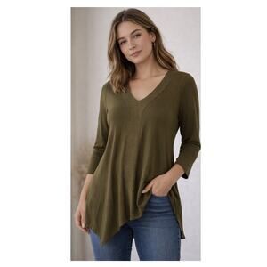 Adrianna Papell XL Olive Green Asymmetrical Tunic Top V-Neck 3/4 Sleeve Stretch